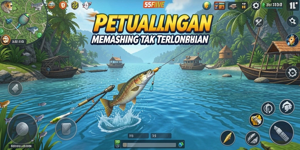 Tampilan gameplay seru dalam 55FIVE saat menangkap ikan.