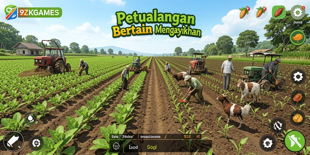 Screenshot gameplay menunjukkan aktivitas bertani di ladang hijau.