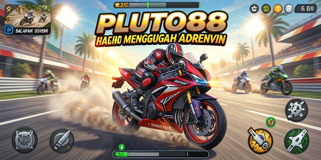 Screenshot gameplay PLUTO88 yang menunjukkan balapan motor menantang.